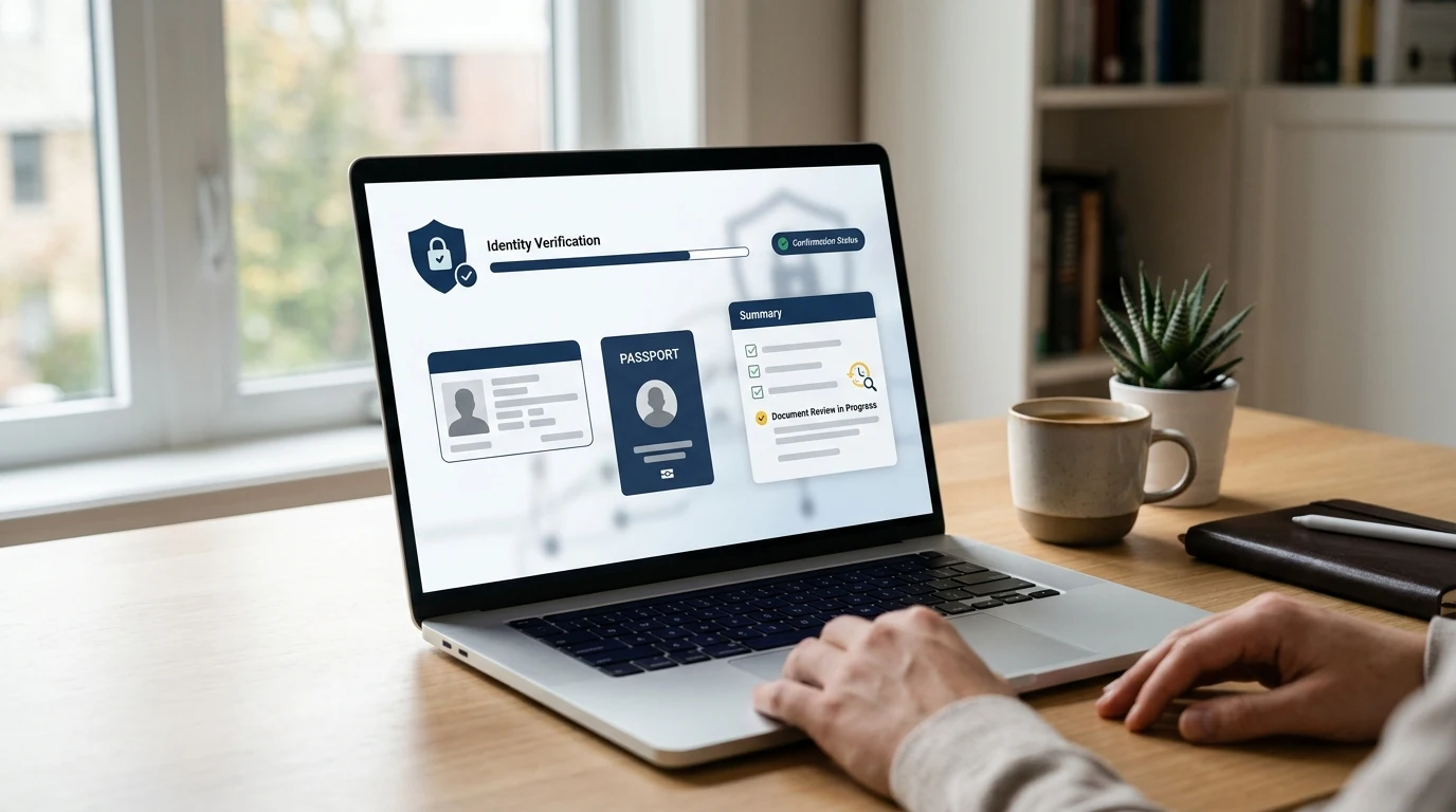 Identity verification process with account details, identification documents and review status