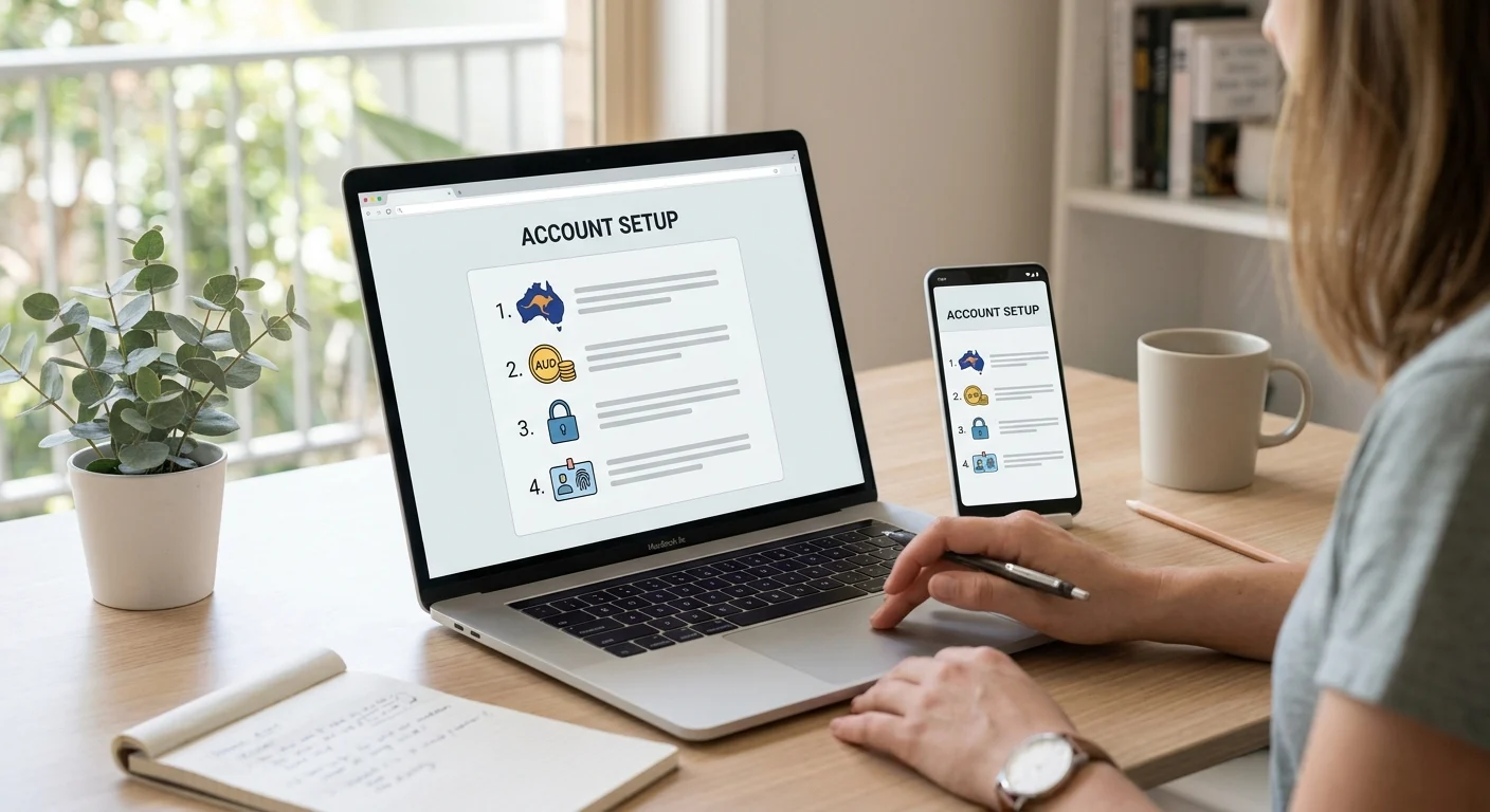 Account setup checklist with Australia, AUD, password and identity check steps