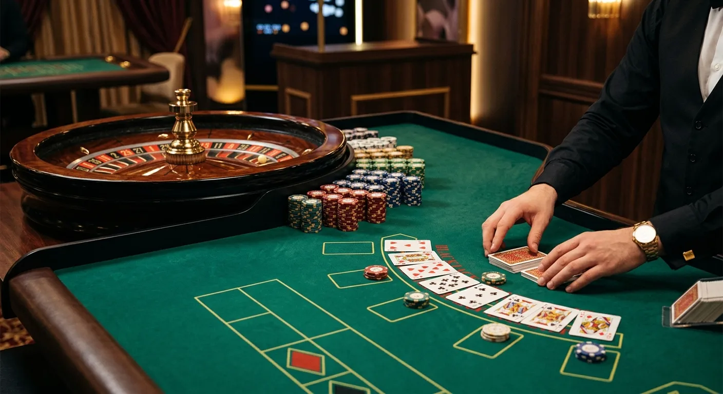 Live casino table with roulette wheel, blackjack cards and baccarat layout