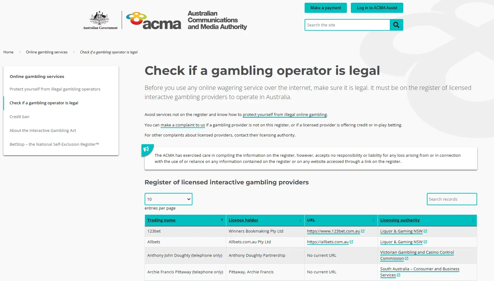 ACMA gambling operator register showing the Australian licensing context