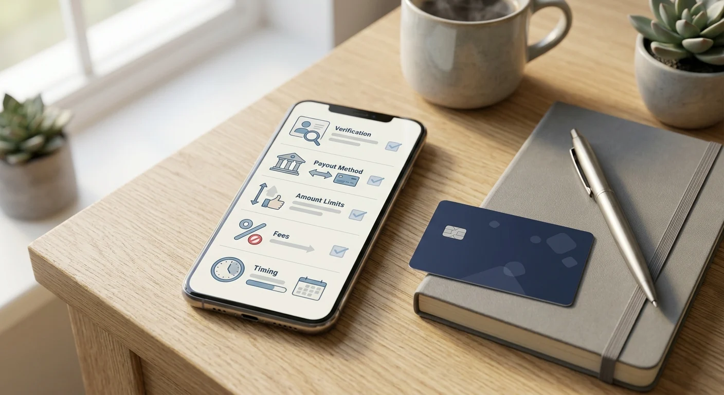 Withdrawal checklist showing payment method, account verification, limits, fees and timing