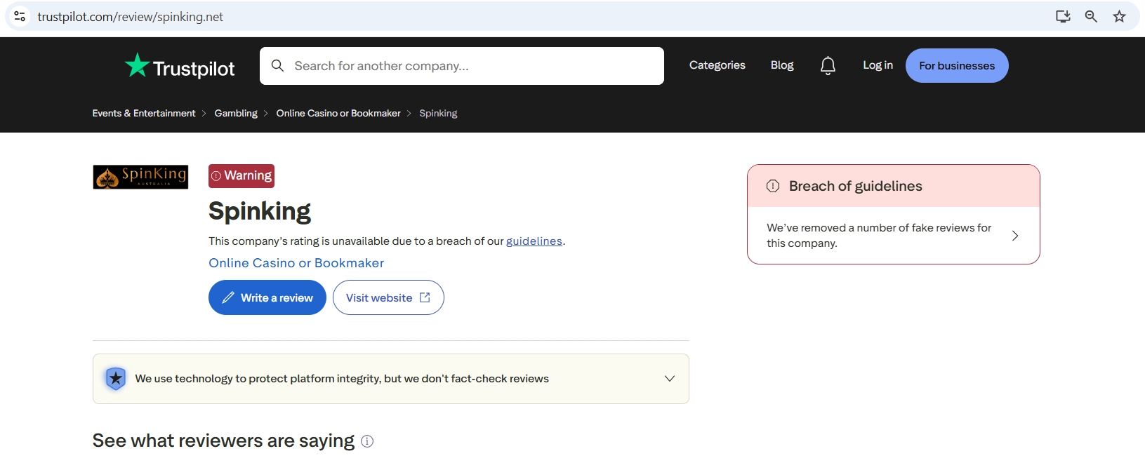 SpinKing profile on Trustpilot with recent customer review activity